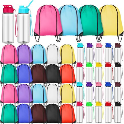 40 Pcs 17 oz Plastic Water Bottles Bulk and Drawstring Backpack Set Reusable Flip Top Leakproof Sports Water Bottles with Handle Strap Cinch Gym Drawstring Bags for Summer School Gym Travel in Kuwait