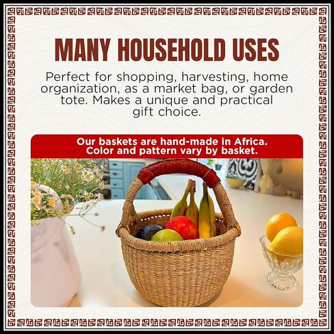 مشروع خشب القلب الأفريقي - سلة أفريقية طبيعية مستديرة صغيرة فاخرة بمقبض جلدي - سلة سوق بولجا كلاسيكية من خشب القلب من النساء في بولجاتانجا، غانا - مستديرة 25.4 سم (معبأة بشكل مسطح) in Kuwait