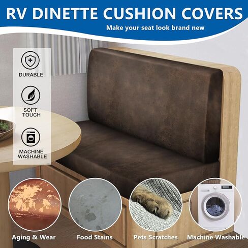 Leather Look RV Camper Cantete Cushion Coushion ، ووسادة أريكة RV قابلة للغسل تغطي مقاعد مقاعد مقاعد CANETTE مقاعد قابلة للتمديد (غطاء مسند الظهر وغطاء مقعدان ، بني) in Kuwait