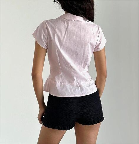 النساء y2k الأكمام قصيرة الأكمام أسفل القمصان غير الرسمية V زر العنق لأعلى قمة خمر نحيف Fit Collared الخروج in Kuwait
