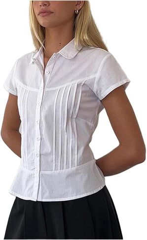 النساء y2k الأكمام قصيرة الأكمام أسفل القمصان غير الرسمية V زر العنق لأعلى قمة خمر نحيف Fit Collared الخروج in Kuwait