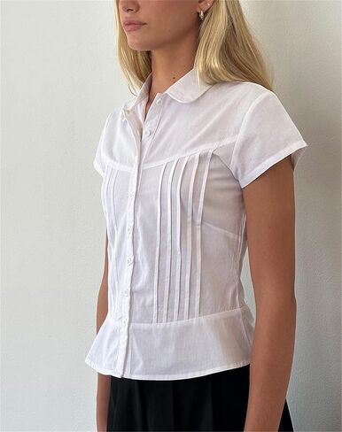 النساء y2k الأكمام قصيرة الأكمام أسفل القمصان غير الرسمية V زر العنق لأعلى قمة خمر نحيف Fit Collared الخروج in Kuwait