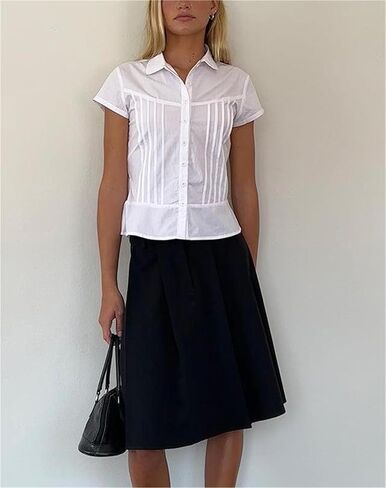 النساء y2k الأكمام قصيرة الأكمام أسفل القمصان غير الرسمية V زر العنق لأعلى قمة خمر نحيف Fit Collared الخروج in Kuwait