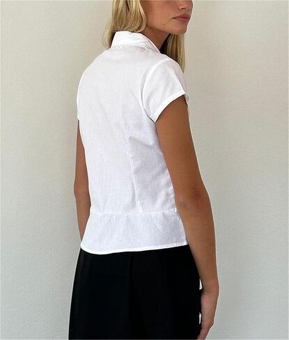 النساء y2k الأكمام قصيرة الأكمام أسفل القمصان غير الرسمية V زر العنق لأعلى قمة خمر نحيف Fit Collared الخروج in Kuwait