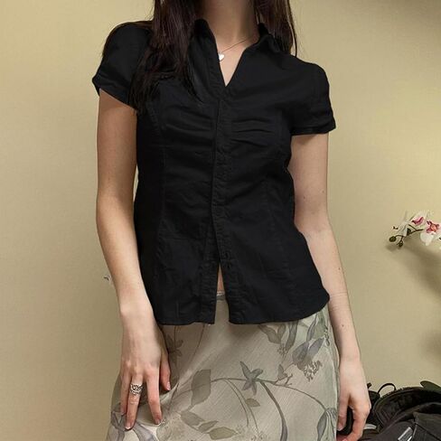 النساء y2k الأكمام قصيرة الأكمام أسفل القمصان غير الرسمية V زر العنق لأعلى قمة خمر نحيف Fit Collared الخروج in Kuwait