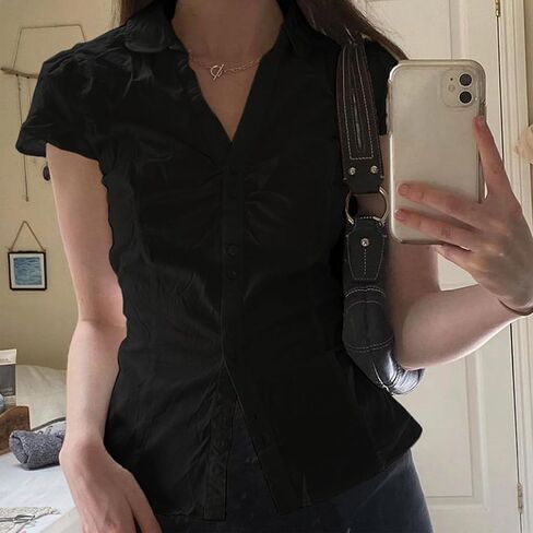النساء y2k الأكمام قصيرة الأكمام أسفل القمصان غير الرسمية V زر العنق لأعلى قمة خمر نحيف Fit Collared الخروج in Kuwait