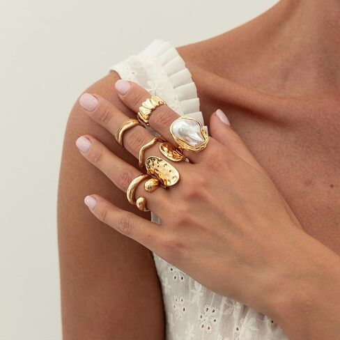 otxas chunky gold rings غير تشويه الباروك بيان لؤلؤة حلقة قابلة للتعديل قابلة للتكديس مجموعة غير شحنة النساء حلقة المجوهرات مكتنزة in Kuwait