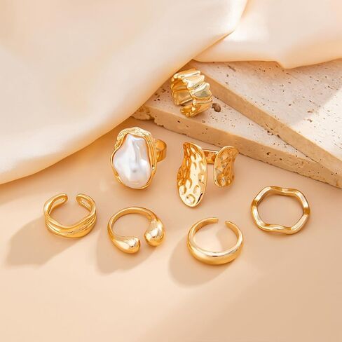 otxas chunky gold rings غير تشويه الباروك بيان لؤلؤة حلقة قابلة للتعديل قابلة للتكديس مجموعة غير شحنة النساء حلقة المجوهرات مكتنزة in Kuwait