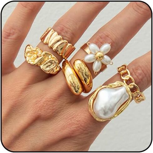 otxas chunky gold rings غير تشويه الباروك بيان لؤلؤة حلقة قابلة للتعديل قابلة للتكديس مجموعة غير شحنة النساء حلقة المجوهرات مكتنزة in Kuwait