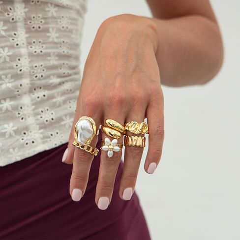 otxas chunky gold rings غير تشويه الباروك بيان لؤلؤة حلقة قابلة للتعديل قابلة للتكديس مجموعة غير شحنة النساء حلقة المجوهرات مكتنزة in Kuwait