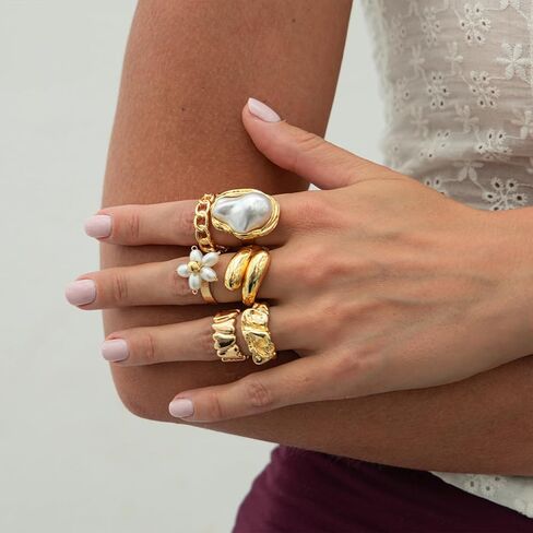 otxas chunky gold rings غير تشويه الباروك بيان لؤلؤة حلقة قابلة للتعديل قابلة للتكديس مجموعة غير شحنة النساء حلقة المجوهرات مكتنزة in Kuwait
