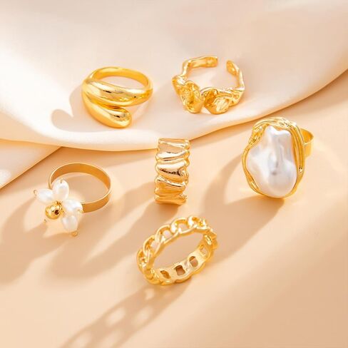 otxas chunky gold rings غير تشويه الباروك بيان لؤلؤة حلقة قابلة للتعديل قابلة للتكديس مجموعة غير شحنة النساء حلقة المجوهرات مكتنزة in Kuwait