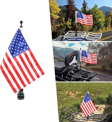 Motorcycle Flagpole Mount and American Flag - 6" x 9" Premium Double-Sided USA Flag - Stainless 14" Flag Pole Fixed Mount for 1/2" Tubular Luggage Racks For Harley Goldwing Etc in Kuwait
