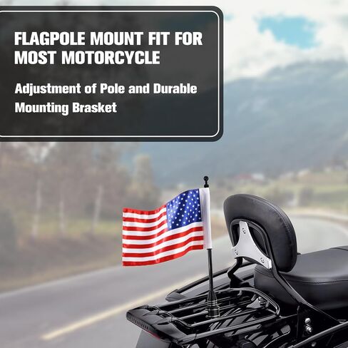 Motorcycle Flagpole Mount and American Flag - 6" x 9" Premium Double-Sided USA Flag - Stainless 14" Flag Pole Fixed Mount for 1/2" Tubular Luggage Racks For Harley Goldwing Etc in Kuwait