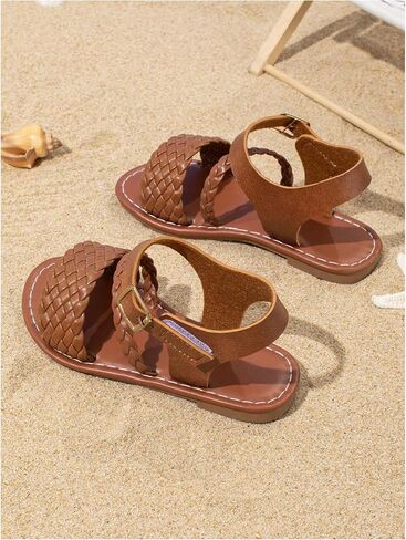 GORGLITTER Girl's Braided Leather Sandals Round Open Toe Ankle Strap Vacation Cute Sandals in Saudi Arabia