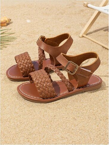 GORGLITTER Girl's Braided Leather Sandals Round Open Toe Ankle Strap Vacation Cute Sandals in Saudi Arabia