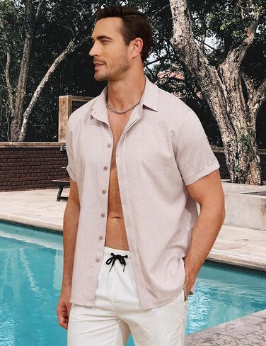 Linen Shirts for Men Button Down Beach Shirt Short Sleeve Men's Casual Summer Vacation Shirts in Kuwait