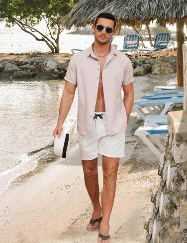 Linen Shirts for Men Button Down Beach Shirt Short Sleeve Men's Casual Summer Vacation Shirts in Kuwait