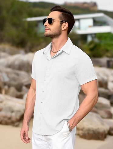 Linen Shirts for Men Button Down Beach Shirt Short Sleeve Men's Casual Summer Vacation Shirts in Kuwait
