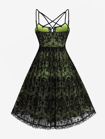 ROSE GAL Rosegal Women Plus Size Gothic Overlay Midi Dress Backless Spaghetti Strap A Line Dress in Saudi Arabia