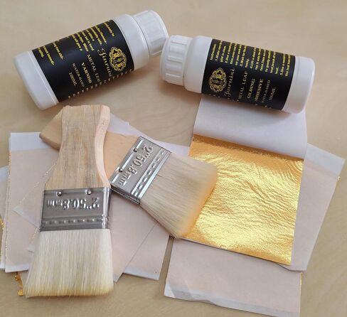 Gold Leaf Kit of Jinruisi Metal Leaf Adhesive 100ml & Metal Leaf Varnish 100ml,Gold size and sealer for Craft, Art,Furniture ,Gilding Kit with 100 pcs Imitation Gold Leaf Silver Leaf Copper Leaf sheet in Kuwait