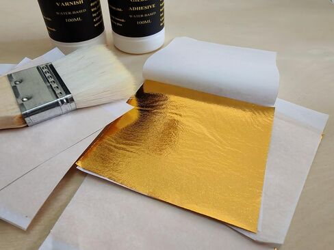 Gold Leaf Kit of Jinruisi Metal Leaf Adhesive 100ml & Metal Leaf Varnish 100ml,Gold size and sealer for Craft, Art,Furniture ,Gilding Kit with 100 pcs Imitation Gold Leaf Silver Leaf Copper Leaf sheet in Kuwait