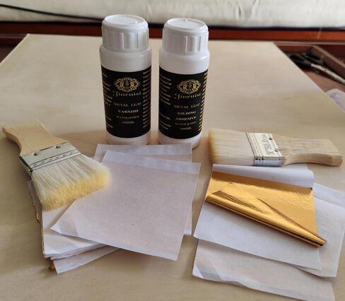 Gold Leaf Kit of Jinruisi Metal Leaf Adhesive 100ml & Metal Leaf Varnish 100ml,Gold size and sealer for Craft, Art,Furniture ,Gilding Kit with 100 pcs Imitation Gold Leaf Silver Leaf Copper Leaf sheet in Kuwait