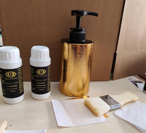 Gold Leaf Kit of Jinruisi Metal Leaf Adhesive 100ml & Metal Leaf Varnish 100ml,Gold size and sealer for Craft, Art,Furniture ,Gilding Kit with 100 pcs Imitation Gold Leaf Silver Leaf Copper Leaf sheet in Kuwait