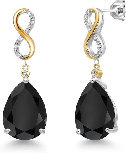 Gem Stone King 14.77 Cttw Black Onyx and White Lab Grown Diamond Dangle Earrings For Women | 925 Silver and 10K Yellow Gold | Gemstone December Birthstone | Pear Shape 16X12MM in Saudi Arabia