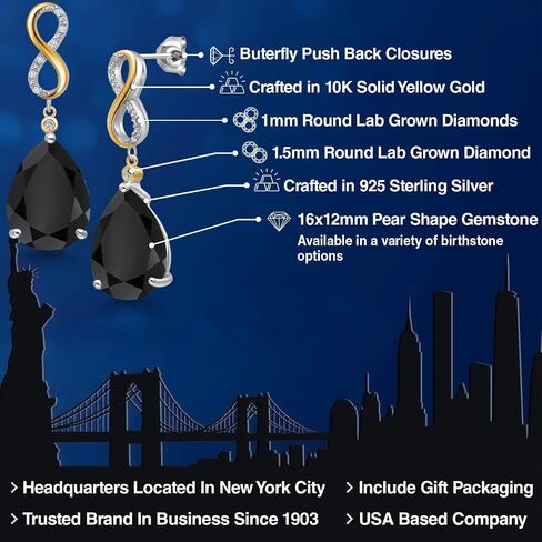 Gem Stone King 14.77 Cttw Black Onyx and White Lab Grown Diamond Dangle Earrings For Women | 925 Silver and 10K Yellow Gold | Gemstone December Birthstone | Pear Shape 16X12MM in Saudi Arabia