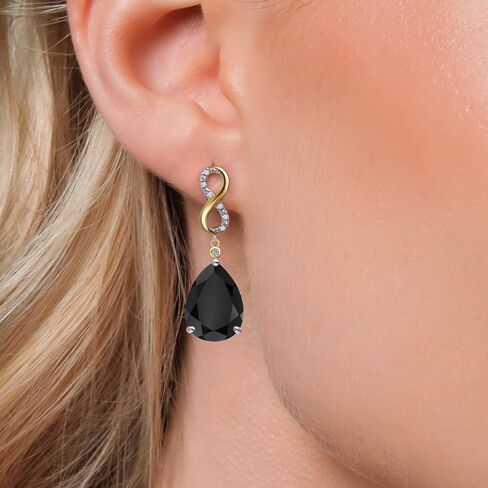 Gem Stone King 14.77 Cttw Black Onyx and White Lab Grown Diamond Dangle Earrings For Women | 925 Silver and 10K Yellow Gold | Gemstone December Birthstone | Pear Shape 16X12MM in Saudi Arabia