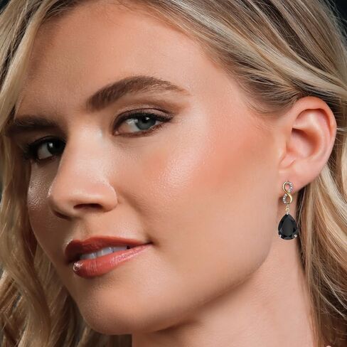Gem Stone King 14.77 Cttw Black Onyx and White Lab Grown Diamond Dangle Earrings For Women | 925 Silver and 10K Yellow Gold | Gemstone December Birthstone | Pear Shape 16X12MM in Saudi Arabia