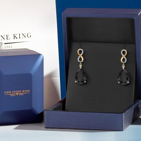 Gem Stone King 14.77 Cttw Black Onyx and White Lab Grown Diamond Dangle Earrings For Women | 925 Silver and 10K Yellow Gold | Gemstone December Birthstone | Pear Shape 16X12MM in Saudi Arabia