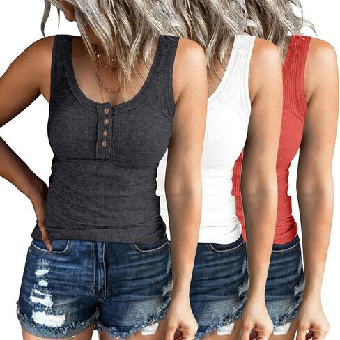 3 Pack Womens Tank Tops Ribbed Henley Going Out Outfits Spring Summer Casual Sleeveless Basic Cute Cami Slim Fitted Button Down Blouses Dressy Trendy Clothing 2024 in Saudi Arabia