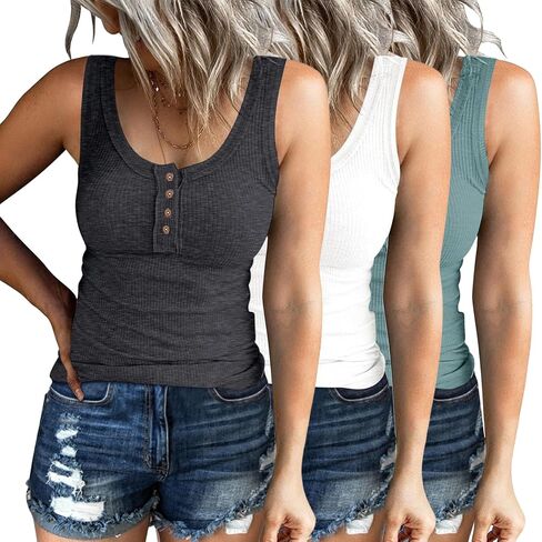 3 Pack Womens Tank Tops Ribbed Henley Going Out Outfits Spring Summer Casual Sleeveless Basic Cute Cami Slim Fitted Button Down Blouses Dressy Trendy Clothing 2024 in Saudi Arabia
