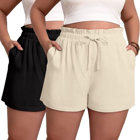 2 Pack Women's Linen Shorts L-5xl Plus Size with Pockets Cotton Drawstring High Waist Wide Leg Casual Summer Shorts in Saudi Arabia