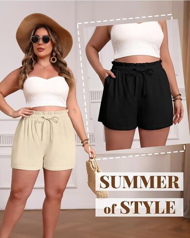 2 Pack Women's Linen Shorts L-5xl Plus Size with Pockets Cotton Drawstring High Waist Wide Leg Casual Summer Shorts in Saudi Arabia