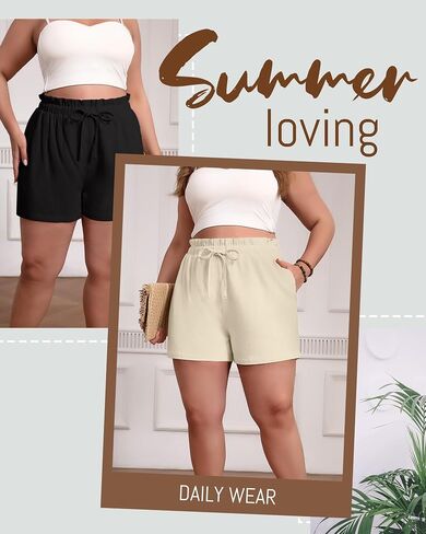 2 Pack Women's Linen Shorts L-5xl Plus Size with Pockets Cotton Drawstring High Waist Wide Leg Casual Summer Shorts in Saudi Arabia