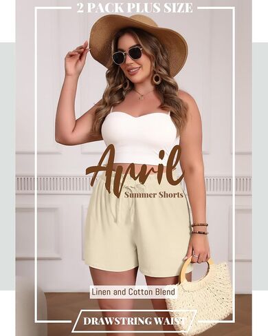 2 Pack Women's Linen Shorts L-5xl Plus Size with Pockets Cotton Drawstring High Waist Wide Leg Casual Summer Shorts in Saudi Arabia