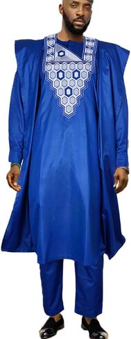 HD African Bazin Couple Clothes Traditional Embroidery Agbada Boubou Caftan Set for Man in Saudi Arabia