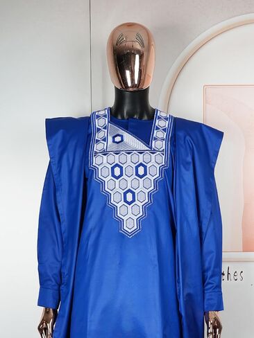 HD African Bazin Couple Clothes Traditional Embroidery Agbada Boubou Caftan Set for Man in Saudi Arabia
