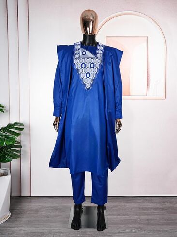 HD African Bazin Couple Clothes Traditional Embroidery Agbada Boubou Caftan Set for Man in Saudi Arabia