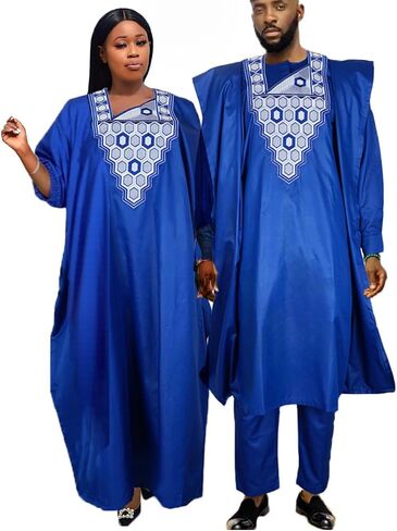 HD African Bazin Couple Clothes Traditional Embroidery Agbada Boubou Caftan Set for Man in Saudi Arabia