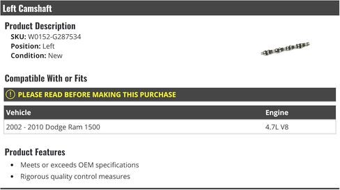 Left Driver Side Camshaft - Compatible with 2002-2010 Dodge Ram 1500 4.7L V8 in Kuwait