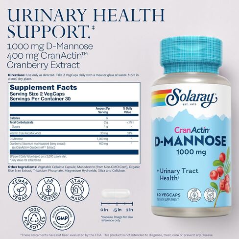 Solaray D-Mannose 1000mg with CranActin Cranberry Supplement 400mg, Urinary Tract Health & Bladder Support Capsules with Vitamin C, Vegan, 60 Day Guarantee, 75 Servings, 150 VegCaps in Saudi Arabia
