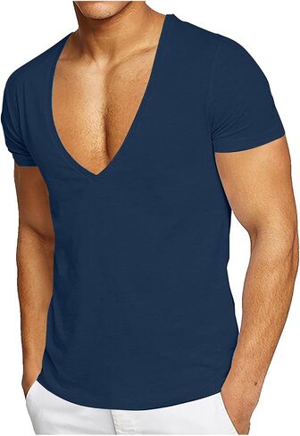 Mens Muscle V Neck T Shirt Fitted Gym Workout Short Sleeve Tee Fitness Bodybuilding Athletic Shirts Casual Summer Top in Kuwait