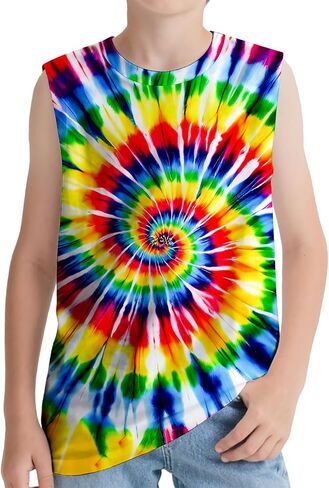 Kids Tie Dye Tank Tops Childrens Sleeveless T Shirts Hippies Senior Tees Size 5-14 Years Boys Girls in Saudi Arabia