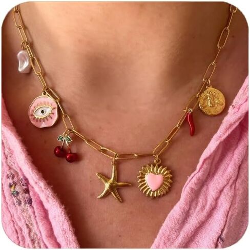 Trendy Stainless Steel Gold Plated Charm Necklace with Heart Pearl Pepper Conch Ceramic Pendant Necklace for Women Collares Chokers Jewelry in Saudi Arabia