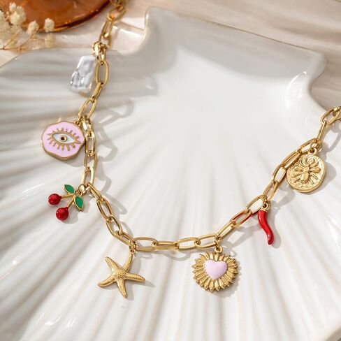 Trendy Stainless Steel Gold Plated Charm Necklace with Heart Pearl Pepper Conch Ceramic Pendant Necklace for Women Collares Chokers Jewelry in Saudi Arabia