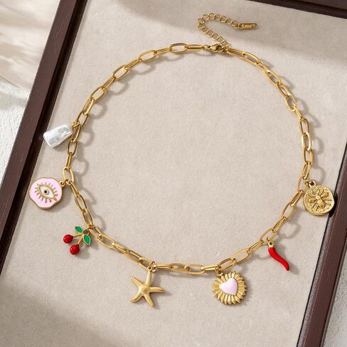 Trendy Stainless Steel Gold Plated Charm Necklace with Heart Pearl Pepper Conch Ceramic Pendant Necklace for Women Collares Chokers Jewelry in Saudi Arabia